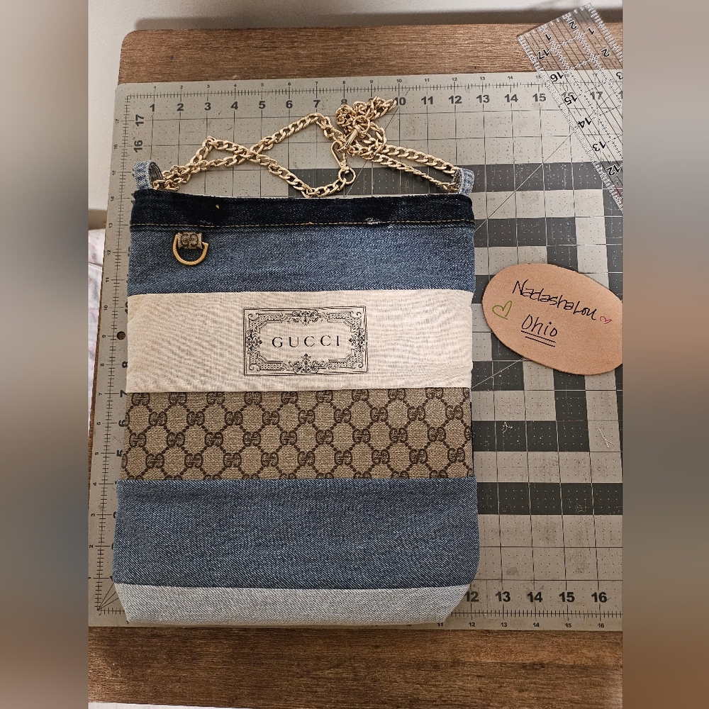 Repurposed Upcycled Denim Shoulder/ Crossbody made with Authentic GG Canvas